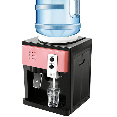 Hot And Cold Water Dispenser With One Click Start And Auto Temperature Control Three Temperature Settings Compact Desktop Electric Water Cooler For Home Office Dorm Bedside Use Pink with blue water bottle on top