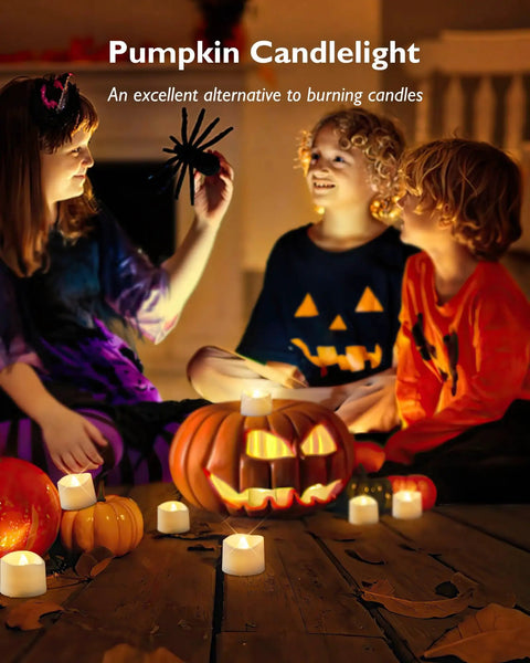Children enjoying Halloween decor with 12 Count Flickering Flameless LED Tea Lights Battery Operated With Melted Wax Look on table