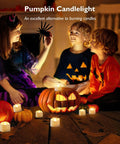 Children around pumpkin lanterns with Auto On Daily Flameless LED Tealight Candles With Built In 6 Hour Timer 12 Pack Battery Operated