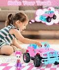 Girl playing with Pink 1:20 Scale RC Truck With DIY Stickers And Doll, Full-Function Remote Control Car For Girls And Toddlers.