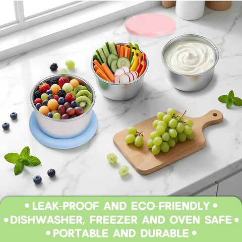 Six Pack 8oz Stainless Steel Snack Containers For Kids With Silicone Lids filled with fruits and yogurt on a kitchen counter.