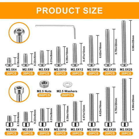 M2.5 Stainless Steel Screws With Nuts And Hex Socket Head Cap Bolts And Nut Assortment Kit 840 Piece Fasteners Set chart