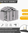 Illustration of 8x6 Ft Outdoor Resin Storage Shed With Lockable Doors And Windows, showing one-piece assembly and floor base options.