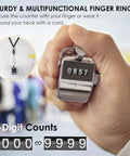 Use Heavy Duty Metal Tally Counter With Smooth Mechanical Clicker, Easy Read Four Digit Display, And Battery Free Handheld Counting Device That Is Straight Up Rock Solid For Daily Shop Tasks Without Battery Headaches Or Slowdowns, showing sturdy design worn on finger.