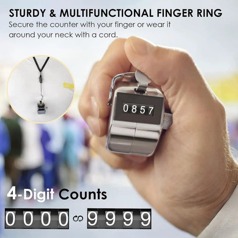 Use Heavy Duty Metal Tally Counter With Smooth Mechanical Clicker, Easy Read Four Digit Display, And Battery Free Handheld Counting Device That Is Straight Up Rock Solid For Daily Shop Tasks Without Battery Headaches Or Slowdowns, showing sturdy design worn on finger.