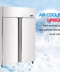 Heavy Duty Commercial Upright Freezer Stainless Steel Two Door Reach In Cooler 36 Cubic Foot Capacity side view with snow background.