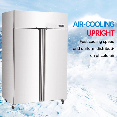 Heavy Duty Commercial Upright Freezer Stainless Steel Two Door Reach In Cooler 36 Cubic Foot Capacity side view with snow background.
