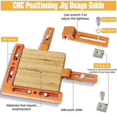 Aluminum Alloy CNC Positioning Side Clamps Kit For 3018 And 4040 Router, illustrating M6 screws and parts for setup.
