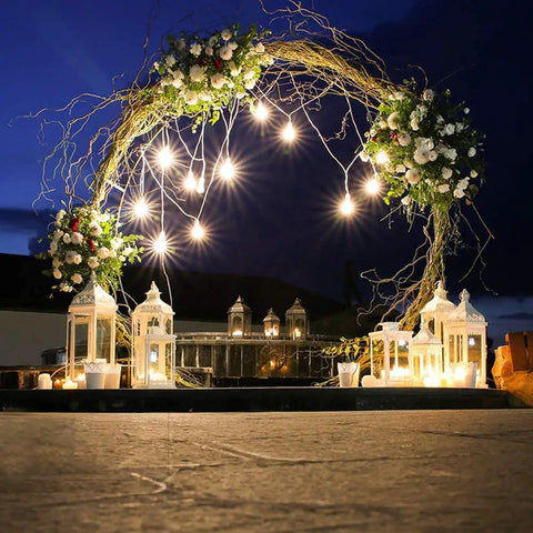 Romantic night setup with 27Ft Outdoor String Lights With 10 Dimmable Edison Vintage Bulbs Shatterproof And Weatherproof.