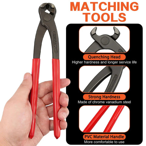 Crimp pliers with red handles from the Sixteen Size Single Ear Hose Clamp Kit With 360 Pieces All In One, material details shown.