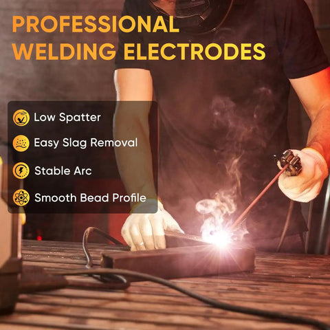 Person welding with E6013 3 32nd Inch Welding Rods, 5Lb, All Positions Carbon Steel Electrodes, minimal splash, easy slag removal.