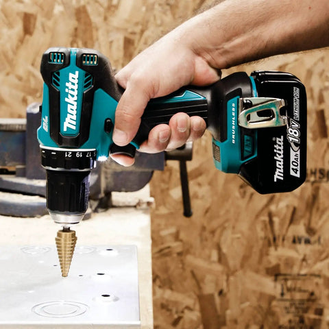 Beast 18V Brushless 1/2 Inch Driver Drill Cordless Kit With Two Speed Transmission drilling into metal sheet on job site