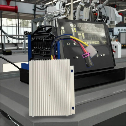 Heavy Hitter 500 Watt 48V To 12V Isolated DC To DC Converter For Electric Vehicles with wiring harness in industrial setting.