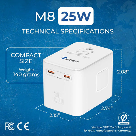 Worldwide Travel Adapter 25W Fast Charge All In One Charger With 2 USB C Ports And 1 USB A Port shown with dimensions