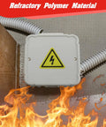 Open Splice Junction Box Single for Quick Fixes, Repair Open Splices in Seconds, 5 Second Installation Splice Box for Electrical Wiring, Durable Wire Junction Box for Home, Outdoor, and Industrial Projects. Fire-resistant polymer junction box on wiring with warning symbol.
