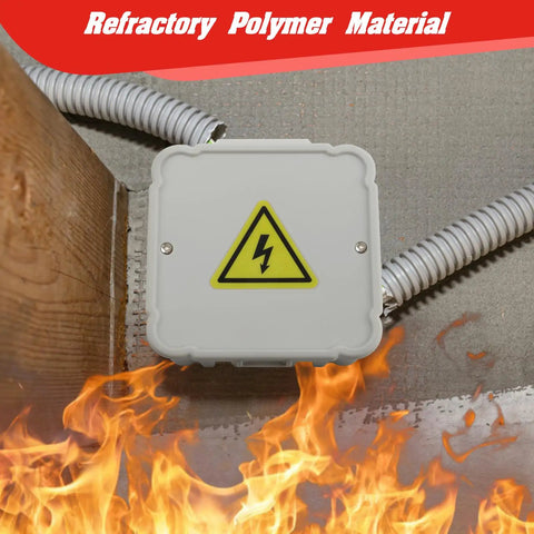 Open Splice Junction Box Single for Quick Fixes, Repair Open Splices in Seconds, 5 Second Installation Splice Box for Electrical Wiring, Durable Wire Junction Box for Home, Outdoor, and Industrial Projects. Fire-resistant polymer junction box on wiring with warning symbol.