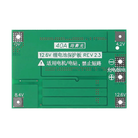 4 Pack 3S 40A Battery Management System for 18650 Li Ion Batteries, PCB circuit board with voltage indicators, 12V to 12.6V.