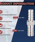 Pack Of Two 304 Stainless Steel Hose Barb Fittings Five Eighths Inch To One Half Inch With Four Clamps showing dimensions and material