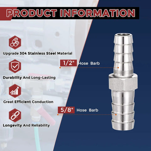 Pack Of Two 304 Stainless Steel Hose Barb Fittings Five Eighths Inch To One Half Inch With Four Clamps showing dimensions and material