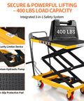 Heavy Duty Hydraulic Lift Table Cart Supporting 400 Pounds Featuring Built Like A Tank Steel Frame And Smooth Foot Pump For No Sweat Loading Plus Easy Hauling Across Shop Floors with hydraulic pump and non-slip pad.