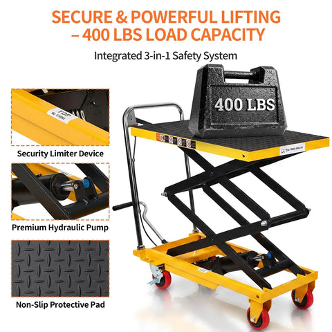 Heavy Duty Hydraulic Lift Table Cart Supporting 400 Pounds Featuring Built Like A Tank Steel Frame And Smooth Foot Pump For No Sweat Loading Plus Easy Hauling Across Shop Floors with hydraulic pump and non-slip pad.