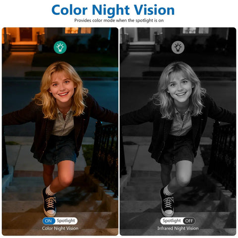Comparison of color night vision and infrared night vision modes from Solar Powered Wireless Outdoor Security Camera Set 2 Pack 2.4GHz WiFi Motion Detection Color Night Vision Spotlight Instant Alerts No Fuss Easy Install Two Way Audio Remote Siren SD Or Cloud Storage IP65 Weatherproof