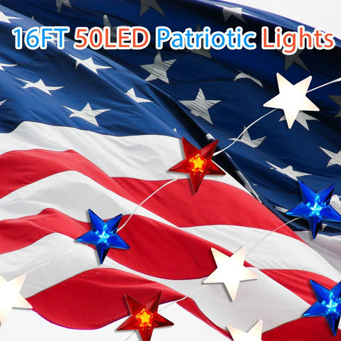 Red White Blue Patriotic String Lights 16Ft 50 LED Battery Operated With Timer And Remote Flexible Fairy Lights For Independence Day Memorial Day Fourth Of July Decor At Home Indoor Outdoor Mood Lighting.