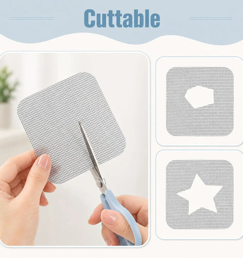 Person cutting a Heavy Duty Self Adhesive Mesh Window Screen Patch with scissors, showing its cuttable features.
