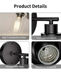 Modern Black Wall Sconce With Sleek Led Fixtures Compact Indoor Lighting Perfect For Bedroom Bathroom Or Hallway Decor detailed view of glass shade, sturdy lamp base and E26 socket.