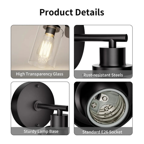 Modern Black Wall Sconce With Sleek Led Fixtures Compact Indoor Lighting Perfect For Bedroom Bathroom Or Hallway Decor detailed view of glass shade, sturdy lamp base and E26 socket.