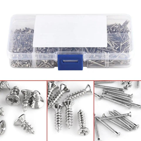 Heavy Duty Plated Carbon Steel Drilling Screws Set 800 Pcs M2 in storage box with cross flat head design.