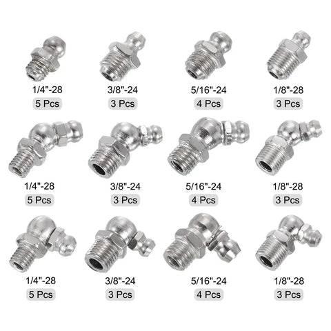 Nickel Plated Steel Heavy Duty Grease Fittings Kit 45 Piece Set With Straight And 90 Degree And 45 Degree Nipples, assorted threads
