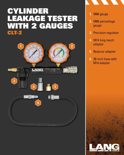 Lang Tools CLT-2 100 PSI cylinder leakage tester with two orange dial gauges and hose