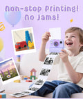 Child using Kids Camera With Instant Print And Flip Lens, 1080P HD Video, laughing as photos print, purple, portable gift for travel.
