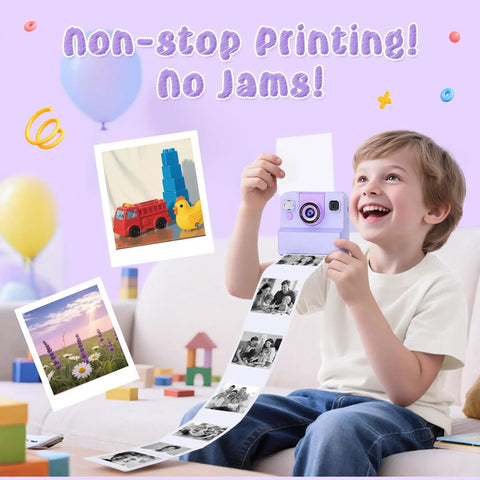 Child using Kids Camera With Instant Print And Flip Lens, 1080P HD Video, laughing as photos print, purple, portable gift for travel.