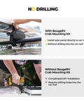 Top image: Crab Mounting Kit for solar panels on cars with cross bars and roof racks clamps without drilling; bottom: drilling required.