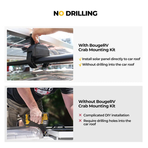 Top image: Crab Mounting Kit for solar panels on cars with cross bars and roof racks clamps without drilling; bottom: drilling required.