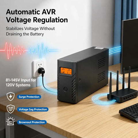 Rock Solid 1500VA 800W UPS Battery Backup And Surge Protector with LCD display alongside PC and router on desk.