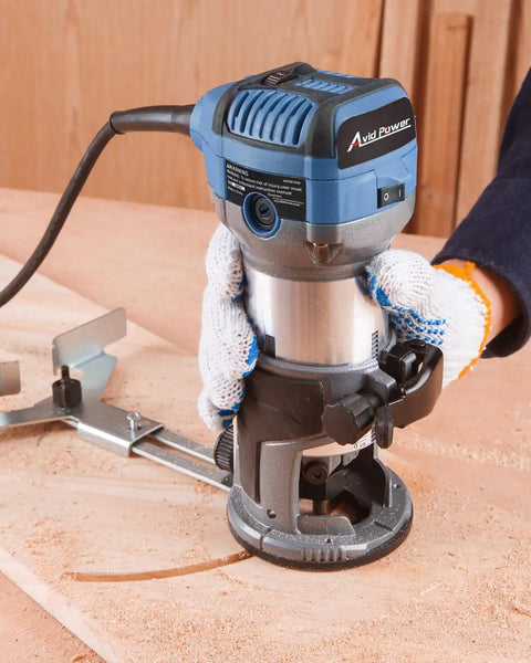 Compact Wood Router With Fixed Base And Edge Guide For Precise Edges, 6.5 Amp Power in use on a wooden surface