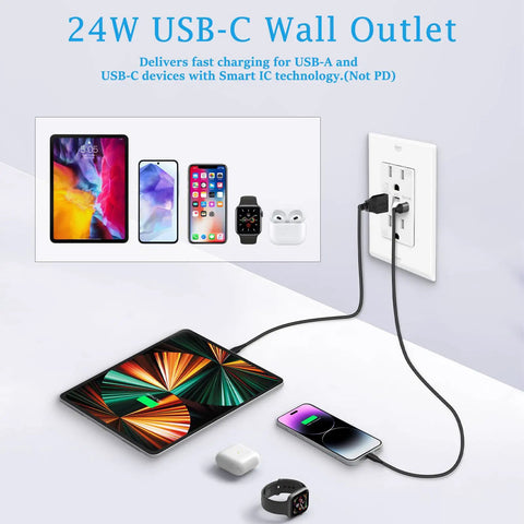 Top Shelf 20 Pack Night Light Wall Outlets Featuring Fast Usb C Charging Ports 15 Amp High Speed Rating Plus Manual Switch Warm Led Glow Tamper Resistant Design Includes Matching Wall Plates, with devices charging.