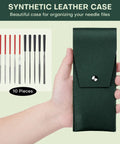 Hand holding synthetic leather case for 10 Piece Mini Needle File Set With Diamond And Steel Files In Synthetic Leather Case For Pro Grade Precision Sanding On Wood Plastic Metal And Jewelry Carving Includes Flat Half Round Round Triangle And Square Shapes 6 Inch Length