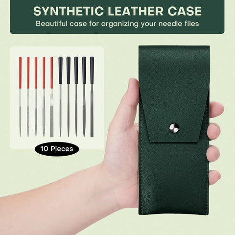 Hand holding synthetic leather case for 10 Piece Mini Needle File Set With Diamond And Steel Files In Synthetic Leather Case For Pro Grade Precision Sanding On Wood Plastic Metal And Jewelry Carving Includes Flat Half Round Round Triangle And Square Shapes 6 Inch Length