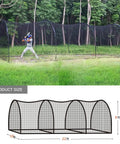 Baseball player using 22 Ft Baseball and Softball Batting Cage With Pitching Backstop in backyard, dimensions 22'x10'x8' shown.