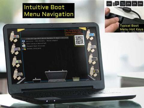 Laptop screen showing Bootable USB Repair Kit For Windows PCs For Tech Pros with menu navigation; USB connected.