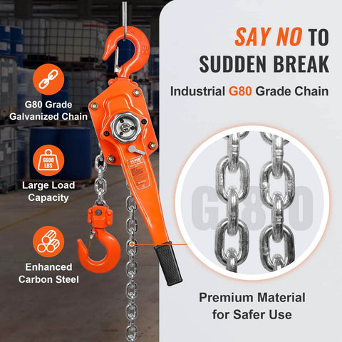 3 Ton Lever Chain Hoist 10 Ft Lift with G80 Galvanized Carbon Steel showing enhanced durability and 360 degree hook.