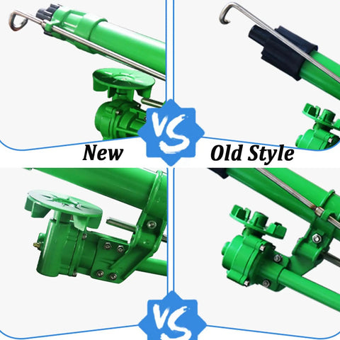 Comparison of new and old style 2-Inch Impact Sprinkler with Pressure Gauge for farm irrigation and heavy-duty use.