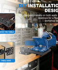 Heavy Duty Steel Vise Mount Featuring A Tough As Nails Design with 360-degree swivel base, installed above a workbench.