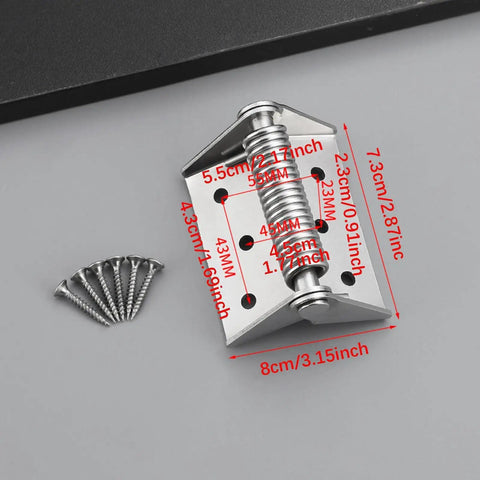 Self Closing Spring Hinge For Fence Gate Heavy Duty Silver Finish Includes Six Screws And Mounting Hardware displayed on table