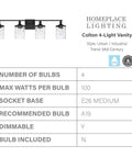 Colton Mid-Century Clear Water Glass Bathroom Vanity Light, Four-Light Matte Black Wall Fixture, style details chart.