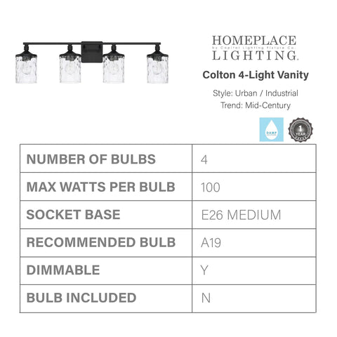 Colton Mid-Century Clear Water Glass Bathroom Vanity Light, Four-Light Matte Black Wall Fixture, style details chart.